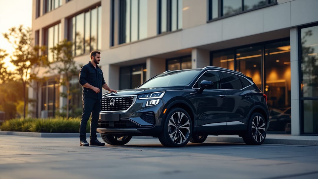 Technician programming a smart key fob for a dark grey Acura RDX crossover parked outside an office building in Arlington Texas