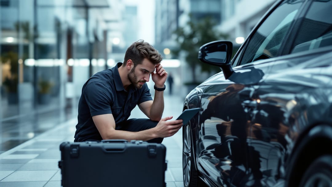 Locksmith programming a replacement Audi smart key beside a dark grey Audi sedan in Arlington Texas