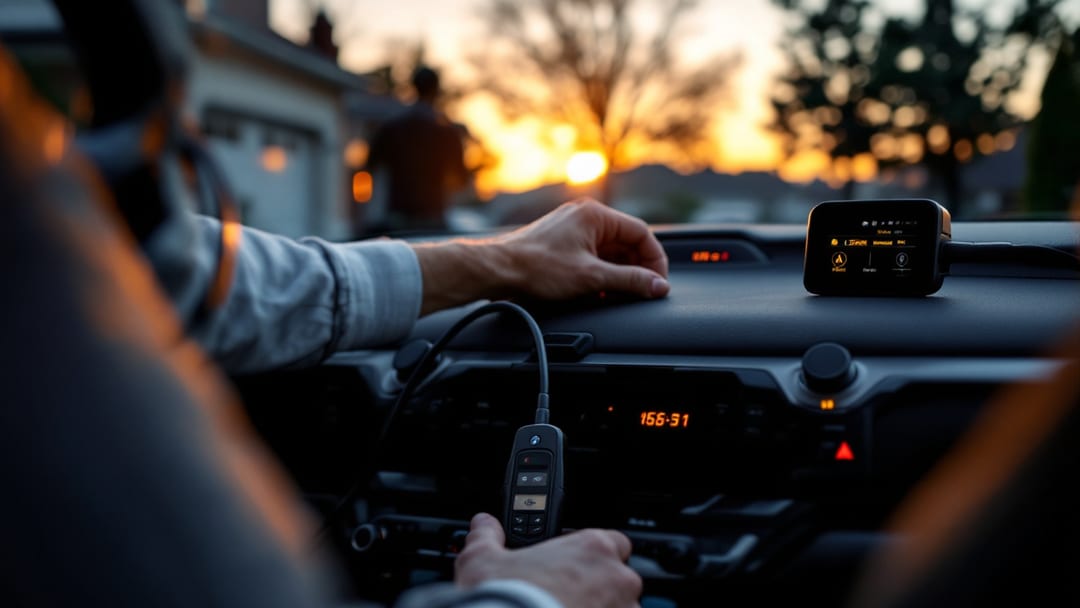 Mobile locksmith connecting a diagnostic key programmer to a BMW OBD port in an Arlington driveway at dusk