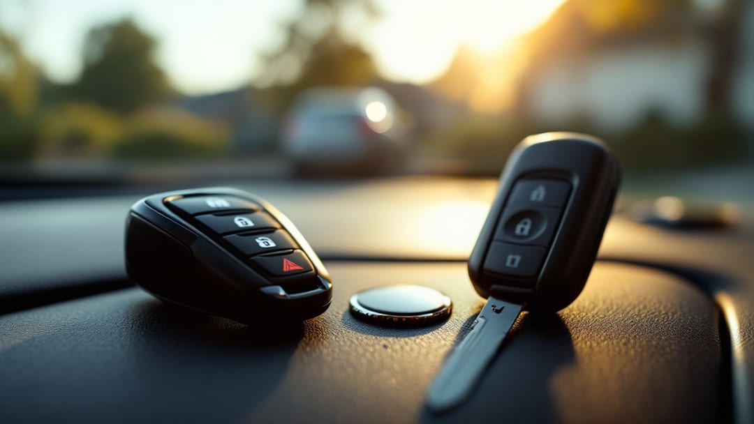 Folding flip car key with its blade open beside a push-to-start proximity fob on the dashboard of a parked car in an Arlington TX driveway