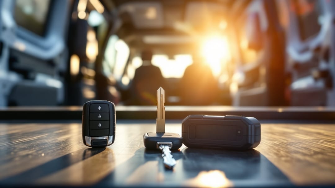 Chrysler FOBIK key and proximity smart fob laid out beside a diagnostic programmer on a mobile locksmith van workbench in Arlington TX