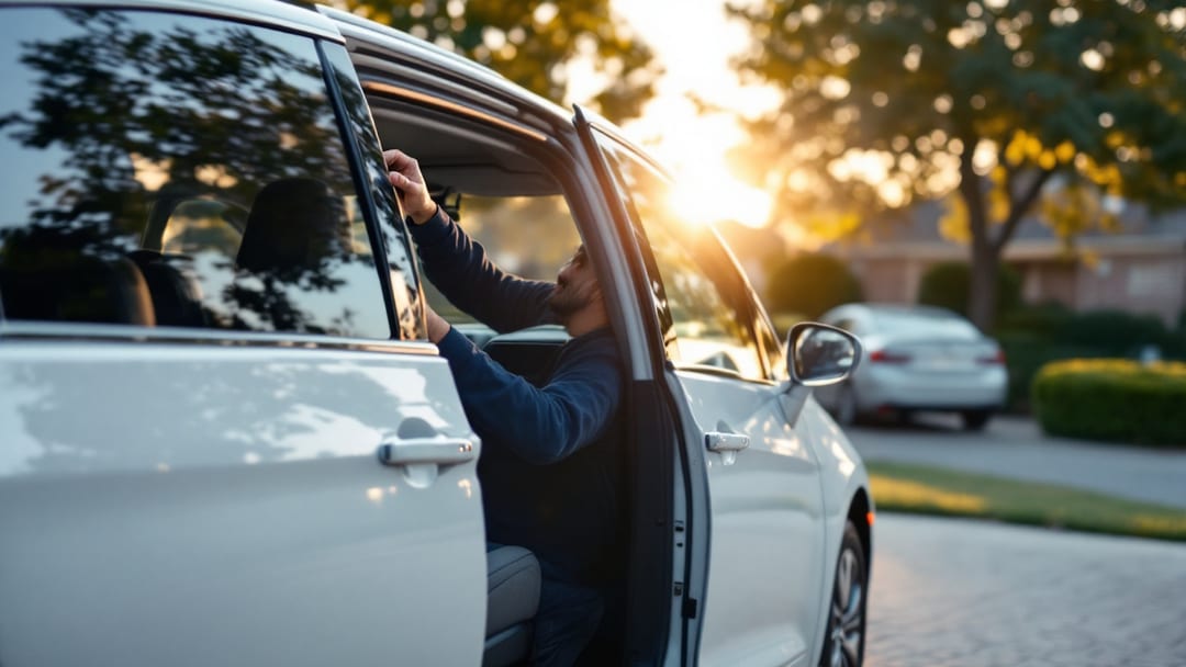 Locksmith programming a proximity smart key fob for a white Chrysler Pacifica minivan with sliding door open in Arlington Texas