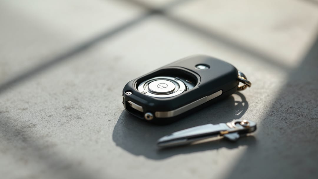 Proximity smart key fob opened to show its coin cell battery and the emergency blade slid out beside it in Arlington TX