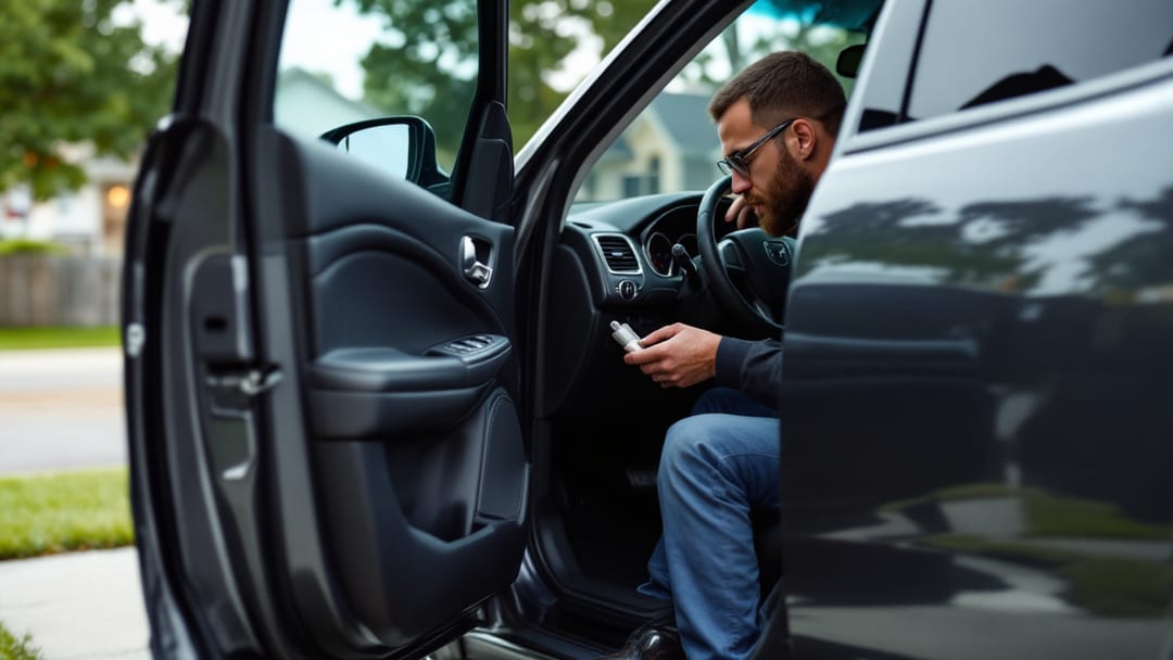 Locksmith removing an ignition lock cylinder from the steering column of a dark Dodge Durango SUV in Arlington Texas