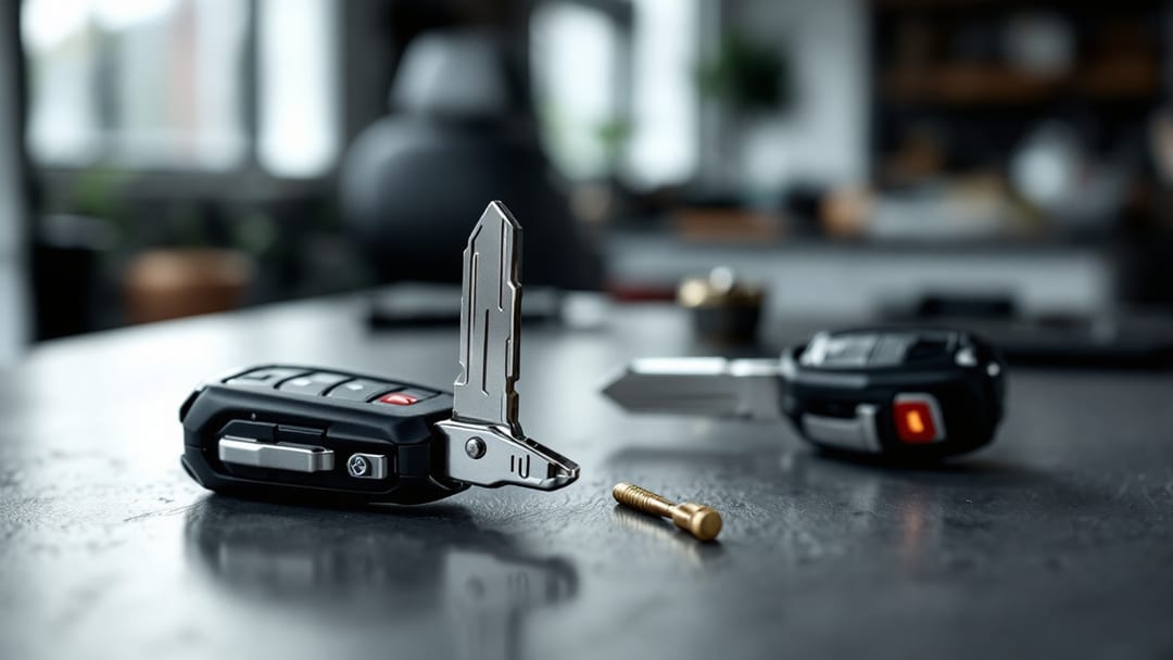 Folding switchblade car key with its metal blade extended beside a second flip key with the blade folded into the remote on a workbench in Arlington TX