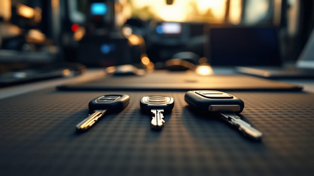 Three generations of car keys laid in a row on a workbench, a plain bladed transponder key, a remote head key and a proximity smart fob, inside a mobile locksmith van in Arlington TX