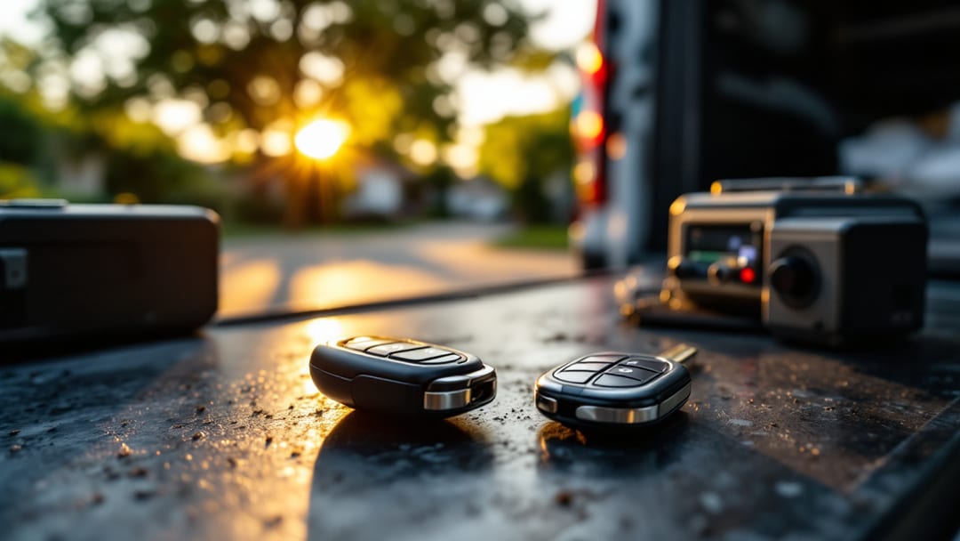 Ford-style remote head key and proximity smart fob beside a key cutting machine in a mobile locksmith van in Arlington TX