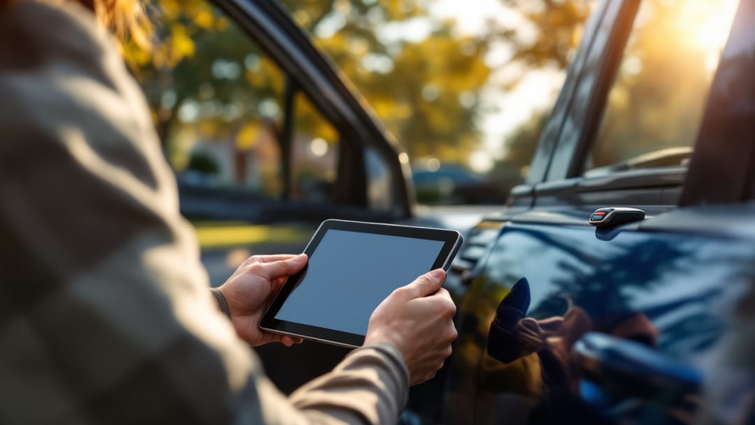 Automotive locksmith programming a Ford Explorer key fob with a diagnostic tablet plugged into the OBD port in Arlington Texas