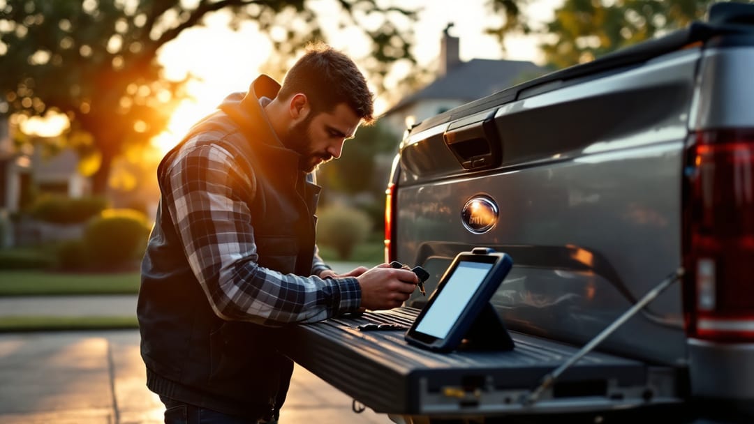Mobile locksmith programming a new Ford F-150 transponder key with a diagnostic tablet in an Arlington Texas driveway