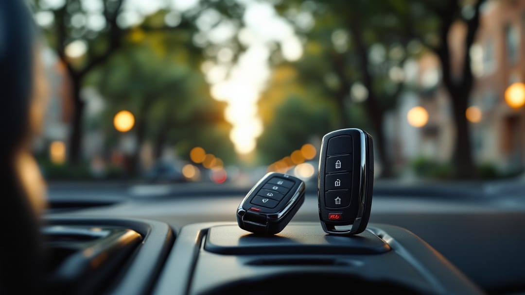 Two car key fobs side by side on the dashboard of a midsize sedan parked on a tree-lined street near a university campus in Arlington TX
