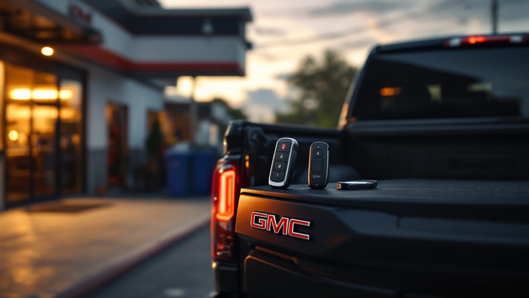 GMC Sierra remote start smart key being programmed with a locksmith diagnostic tablet in Arlington TX