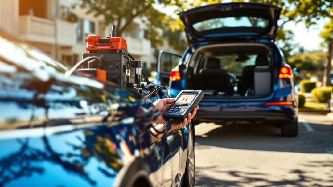 Mobile locksmith programming a replacement key for a blue Hyundai Elantra sedan in an Arlington Texas parking lot