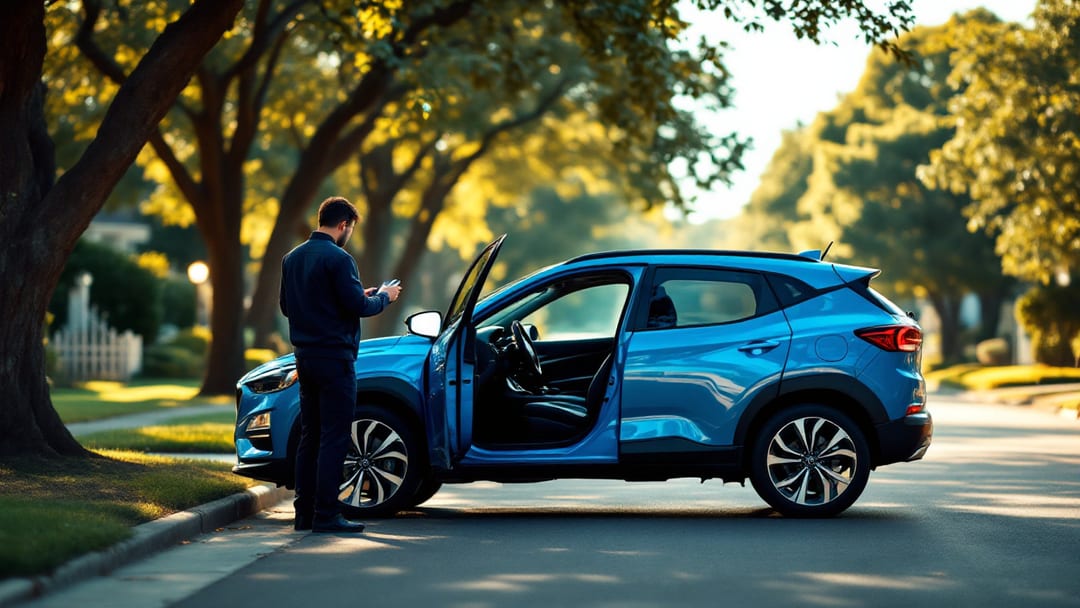 Technician programming a key fob for a blue Hyundai Kona compact SUV parked on a residential street in Arlington Texas