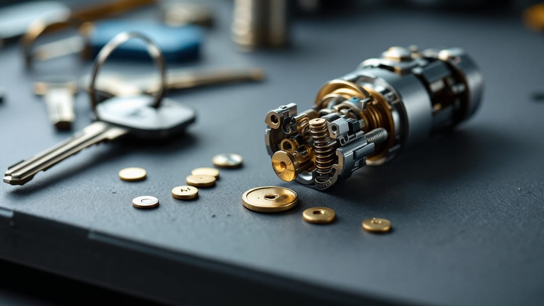 Disassembled ignition lock cylinder with brass wafers and a cut key on a mobile locksmith workbench in Arlington TX