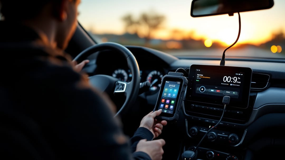 A diagnostic tablet and key programmer connected to a car's OBD port during immobilizer key programming in an Arlington TX driveway at dusk