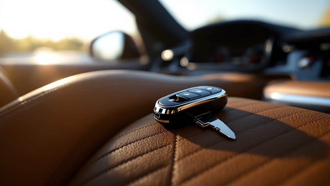 Premium black proximity smart key fob with an emergency blade partly withdrawn on a leather passenger seat of a luxury SUV in Arlington TX