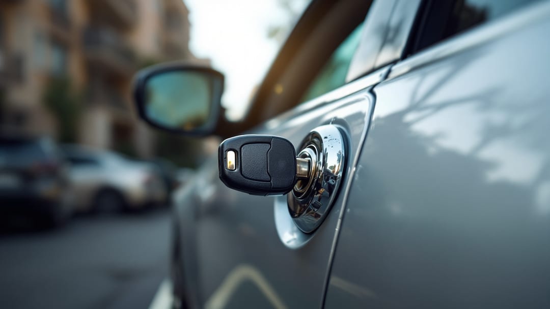 Car key with a black plastic head turned in the chrome driver door lock of a parked silver sedan on an Arlington TX street