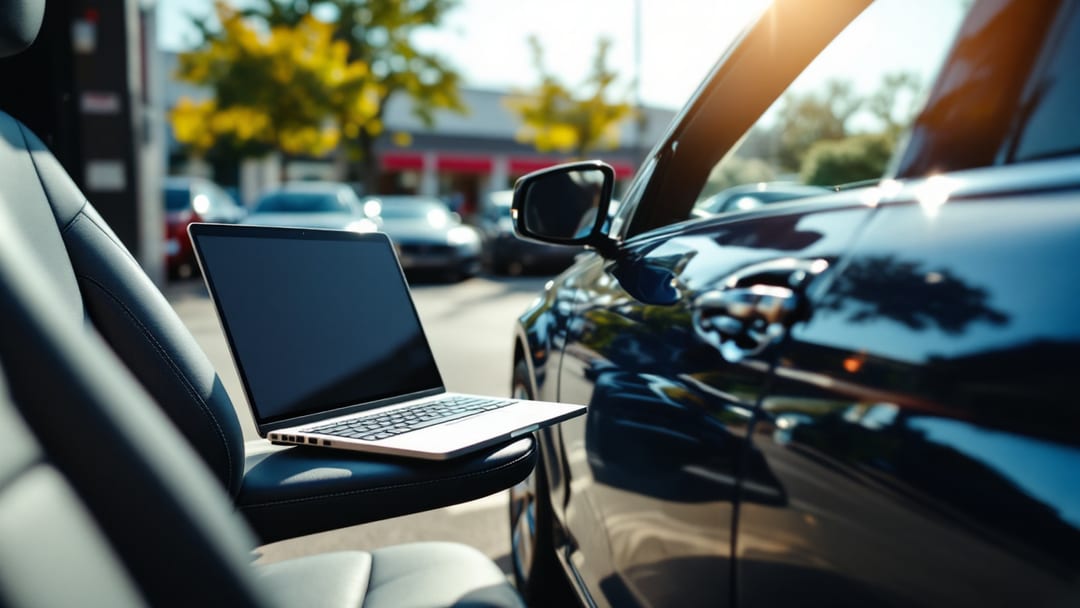 A cut Mercedes-Benz smart key and diagnostic laptop on the seat of a sedan parked in an Arlington parking lot in daylight