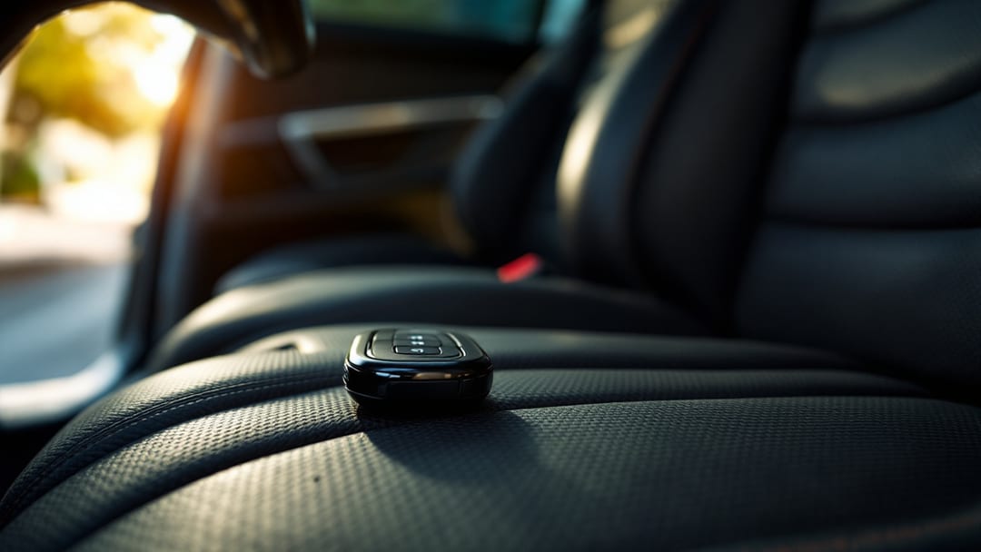 Smart key fob resting on an empty leather power driver seat slid back in a luxury SUV with the door open in Arlington TX