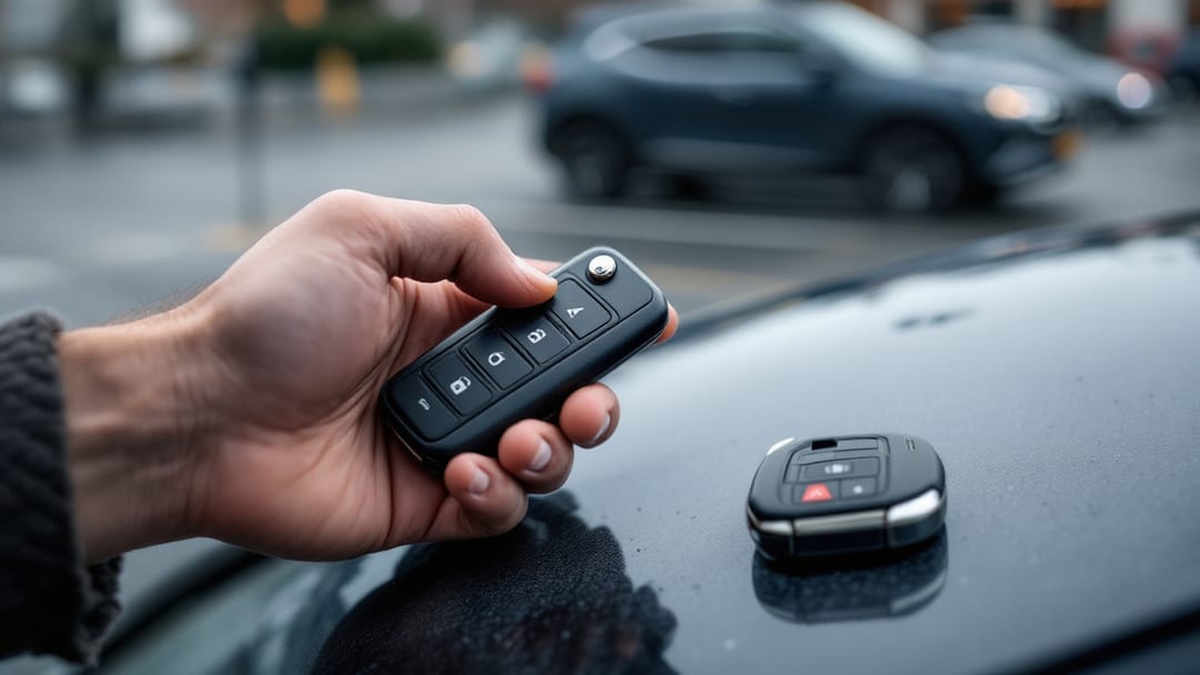 Hand holding a new remote head car key with a thumb on the lock button beside a parked car whose lights stay dark in an Arlington TX parking lot