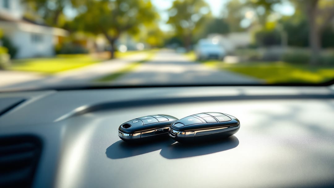 Two matching rounded proximity smart key fobs side by side on the dashboard ledge of a compact crossover SUV parked in an Arlington TX driveway