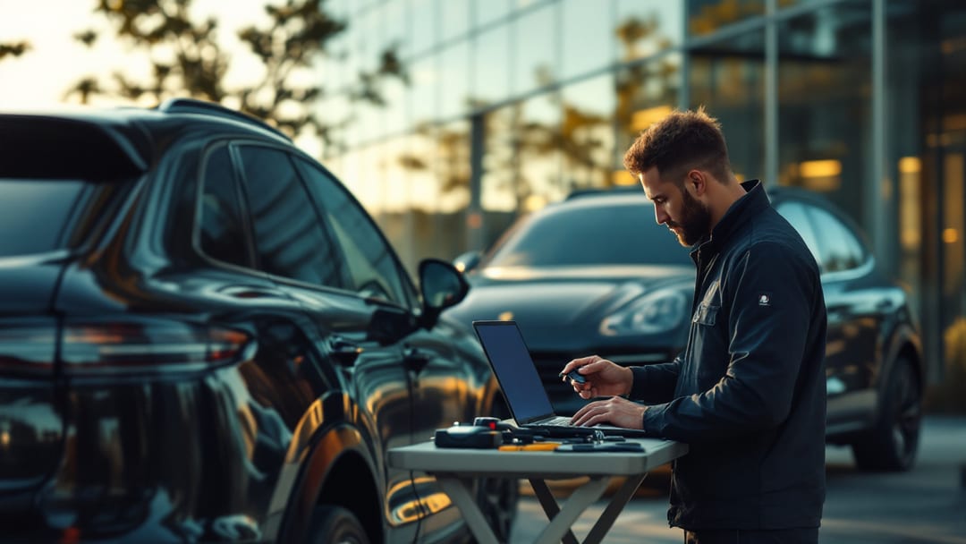 Locksmith programming a replacement key fob for a black Porsche SUV parked in Arlington Texas