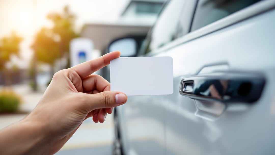 Driver holding a key card against the door pillar of a white electric vehicle at a charging area in Arlington Texas