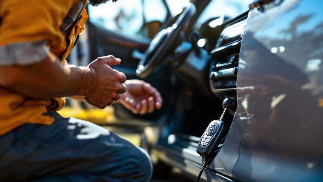 Mobile locksmith programming a replacement smart key for a silver Toyota Camry parked on an Arlington Texas street